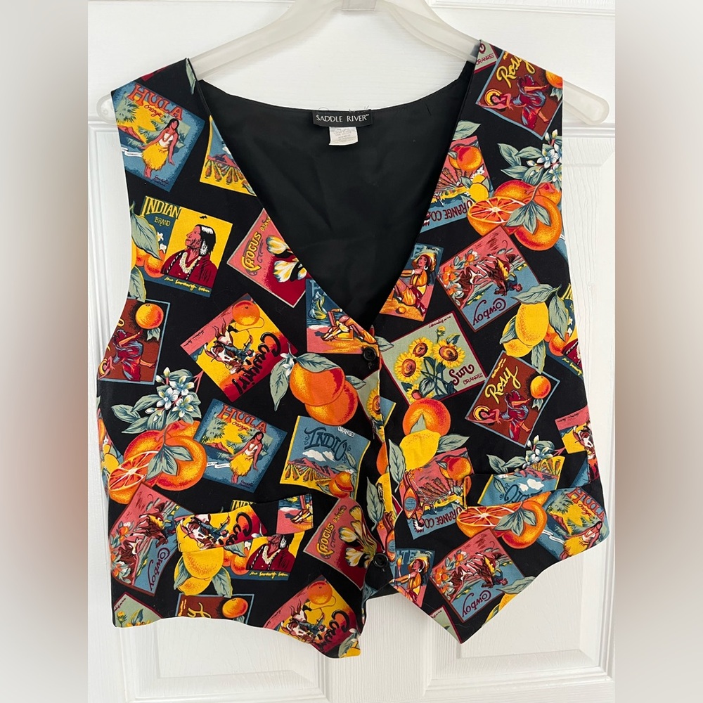 Vtg Quirky Saddle River Fruit Crate Label Novelty Vest L/XL 90s Grandmillenial